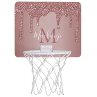 Glitzy Glam Rose Gold Dripping Glitter Monogram Mini Basketball Hoop
