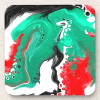 Red, Green, Black and White Marble Fluid Art     Beverage Coaster