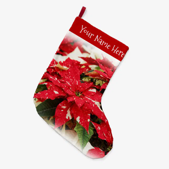 Festive Red White Floral Poinsettias Large Christmas Stocking