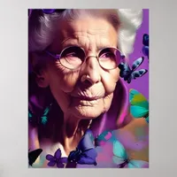Elderly Woman in Purple With Butterflies Poster