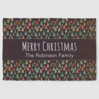 Merry Christmas Colorful Trees Personalized Name Fiber Doormat