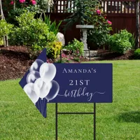 Birthday navy blue white balloons name arrow sign
