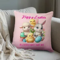 Hoppy Easter Cute Bunny Chicks Lamb Painting Eggs Throw Pillow