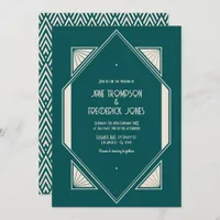 Ocean Teal & Pale Sand Art Deco Wedding Photo Invitation