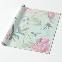 Pastel Peonies Geometric Floral Wedding Wrapping Paper