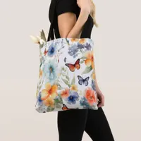 Watercolor Flowers and Butterflies Botanical Print Tote Bag