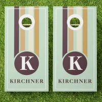 Retro Stripes Brown Mint Monogram Family Name Cornhole Set