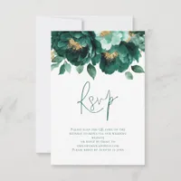  Emerald Gold Florals Script QR Code Wedding RSVP Card