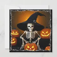 Skeleton Witch's Hat and Jack-O-Lanterns Halloween Invitation