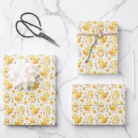 Cute Yellow Chicks and Flowers Wrapping Paper Sheets