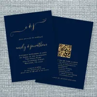 Elegant Script Initials Navy Gold QR Code Wedding Invitation