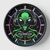 Alien Playing Video Games with Star Background Clock