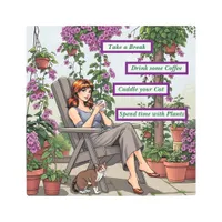 Pretty Woman Drinking Coffee, Her Dog and Plants Metal Print