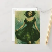 Beautiful Vintage Woman in a Green Dress Postcard