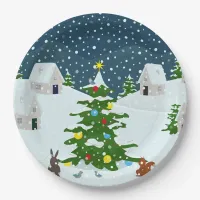 Christmas snow village with christmas tree and ani paper plates