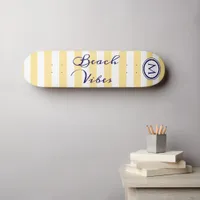 Beach Vibes Yellow White Striped Cool Monogram Skateboard