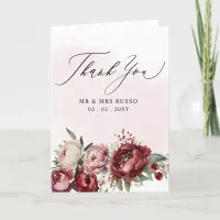 Elegant Script Burgundy Pink Blush Floral Photo Thank You Card