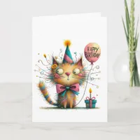 Quirky Orange Cat with Party Hat and Cake Birthday Card