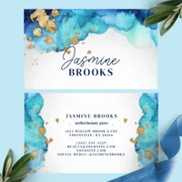 Teal Blue and Gold Luxury Watercolor Business Card