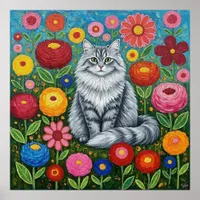 Fluffy Gray Striped Cat with Folk Art Flowers Poster