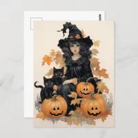 Vintage Witch and Black Cats Halloween Postcard