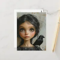 Cute Goth Girl with a Black Bird on Shoulder Postcard