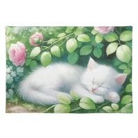 Sweet White Kitten Napping under a Rose Bush Cloth Placemat