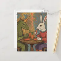 Unicorn and Rabbit Eating Carrots Surreal Postcard