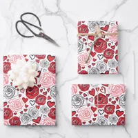 Doodle Art Style Red Pink Roses Hearts Valentine's Wrapping Paper Sheets