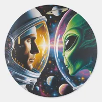 Alien and Astronaut in Space Classic Round Sticker