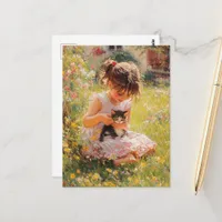 The Adorable Little Girl in Pink and Her Kitten Postcard