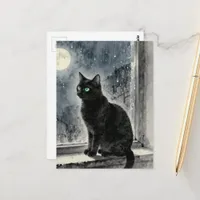 Black Cat in the Window on a Rainy Night Postcard