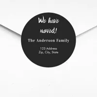 Black white we have moved new address classic round sticker