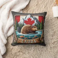 Canadian Beaver With Flag and Mountains Throw Pillow