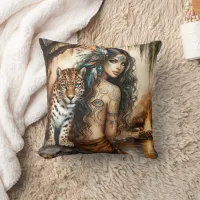 Native American Woman and Tiger by Waterfall Throw Pillow