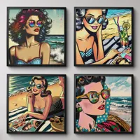 Beautiful Women on Beach Comic Book Pop Art Peel And Stick Photo Tile