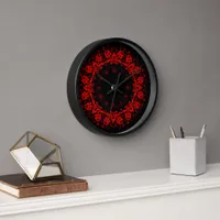 Romantic, Elegant Vintage Damask Red Goth  Clock