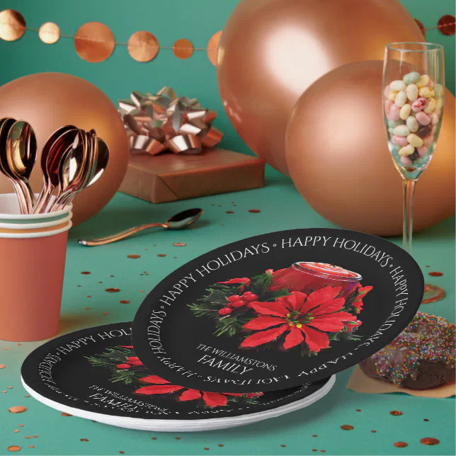 Festive Red Christmas Candle Holly Poinsettias Paper Plates