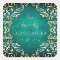 Rustic Green Gold Elegant Quinceanera  Square Sticker