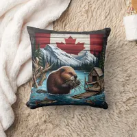 Beaver Gathering Branches Near Canadian Mountains Throw Pillow