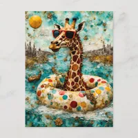 A Giraffe on Vacation in a Floating Donut Postcard