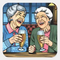 Two Sweet Elderly Ladies at a Bar Drinking Beer Square Sticker