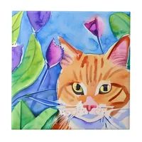 Colorful Watercolor Art | Orange Cat and Flowers Ceramic Tile