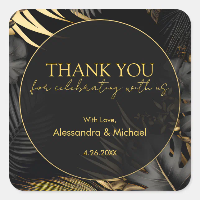 Modern Black Gold Tropical Wedding Thank You Square Sticker