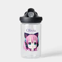 Personalized Kawaii Girl with Headphones on Water Bottle