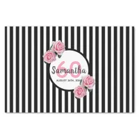 Birthday pink roses black white stripes name tissue paper