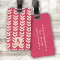 Pink Retro Vibe Leaf Pattern Monogram Luggage Tag