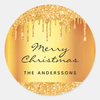 Christmas gold elegant glitter name glamorous classic round sticker