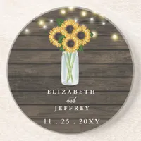 Barn Wood String Lights Sunflowers Wedding  Square Coaster