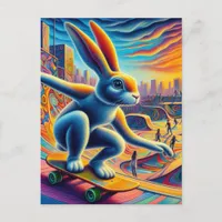 Skateboarding Rabbit Colorful Fun Surreal Postcard